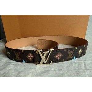 Auth Louis Vuitton Multicolor Monogram Belt with Gold Buckle
